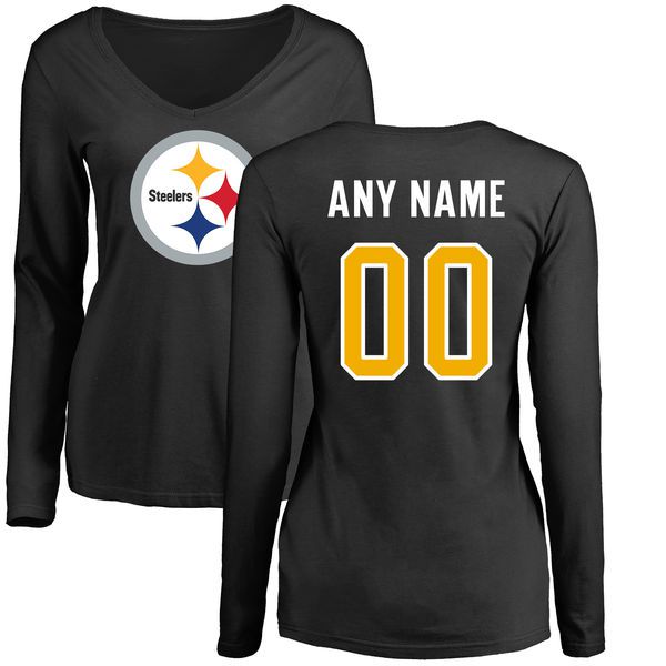 Women Pittsburgh Steelers NFL Pro Line Black Custom Name and Number Logo Slim Fit Long Sleeve T-Shirt